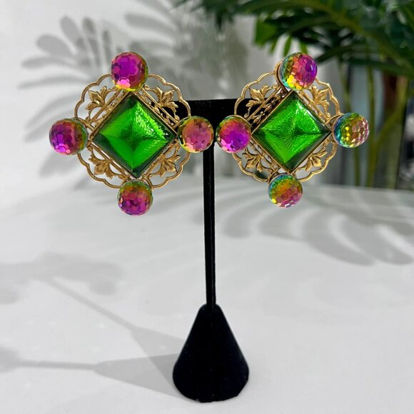 Vintage Yves Saint Laurent Green & AB Crystal Clip Earrings - Picture 1 of 3
